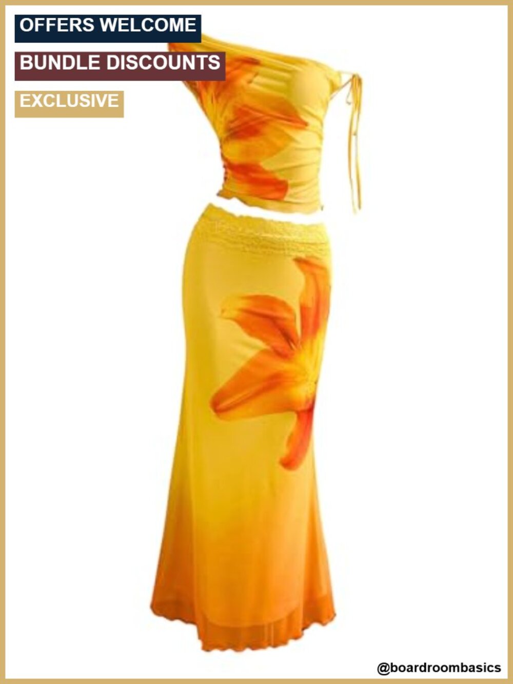 Floral Mesh Ruched Crop Top Maxi Skirt Set 2 Piece Sleeveless One Shoulder